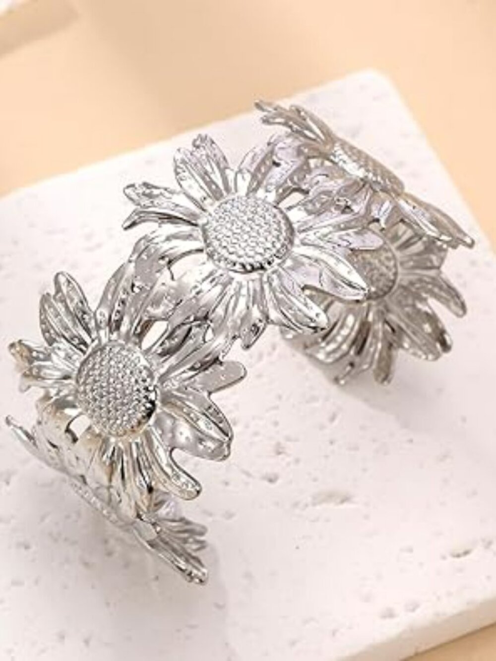 Silver Flower Cuff Bracelet Chunky Statement Jewelry